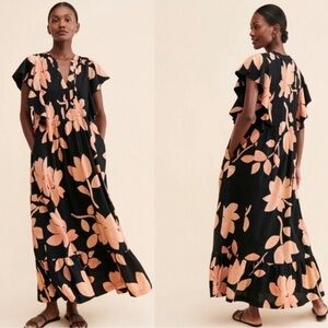 Anthropologie Black and Peach Floral Maxi Dress